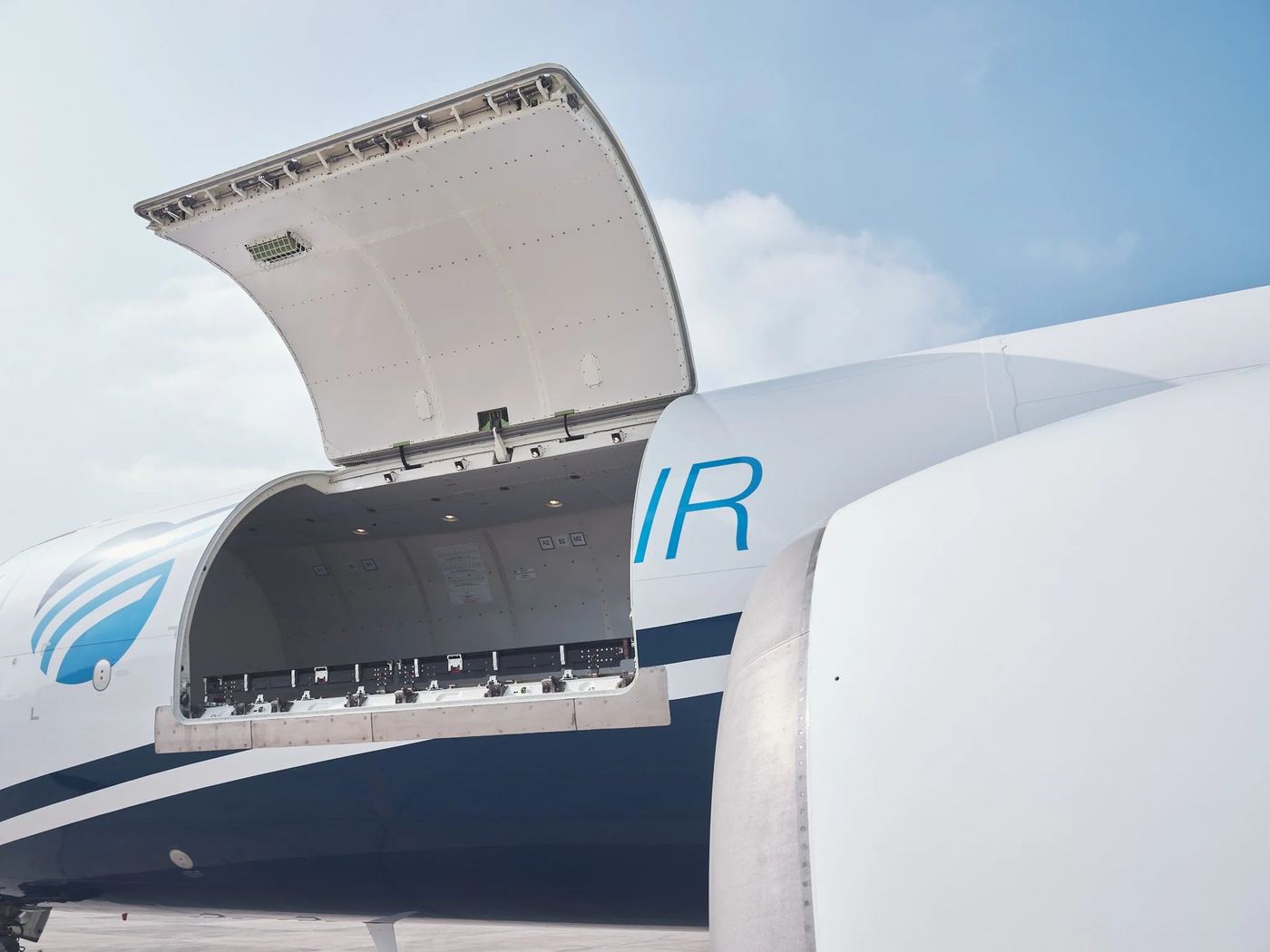 The open main deck cargo door on a Texel Air 737-800BCF.